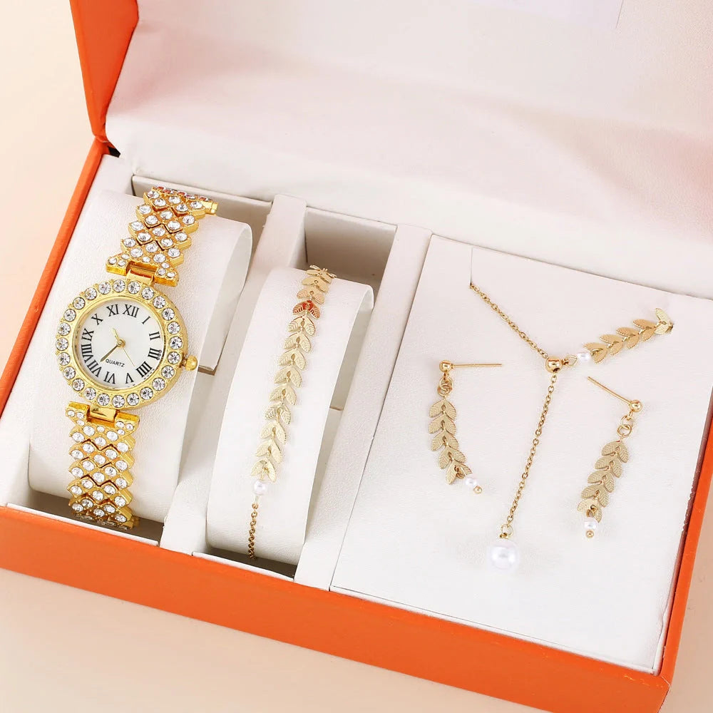 Diamond women's luxury quartz bracelet watch with rhinestone accents and complete jewellery set