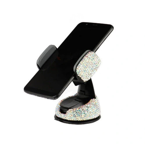 Diamond-encrusted car phone holder mounted on air vent with phone securely in place