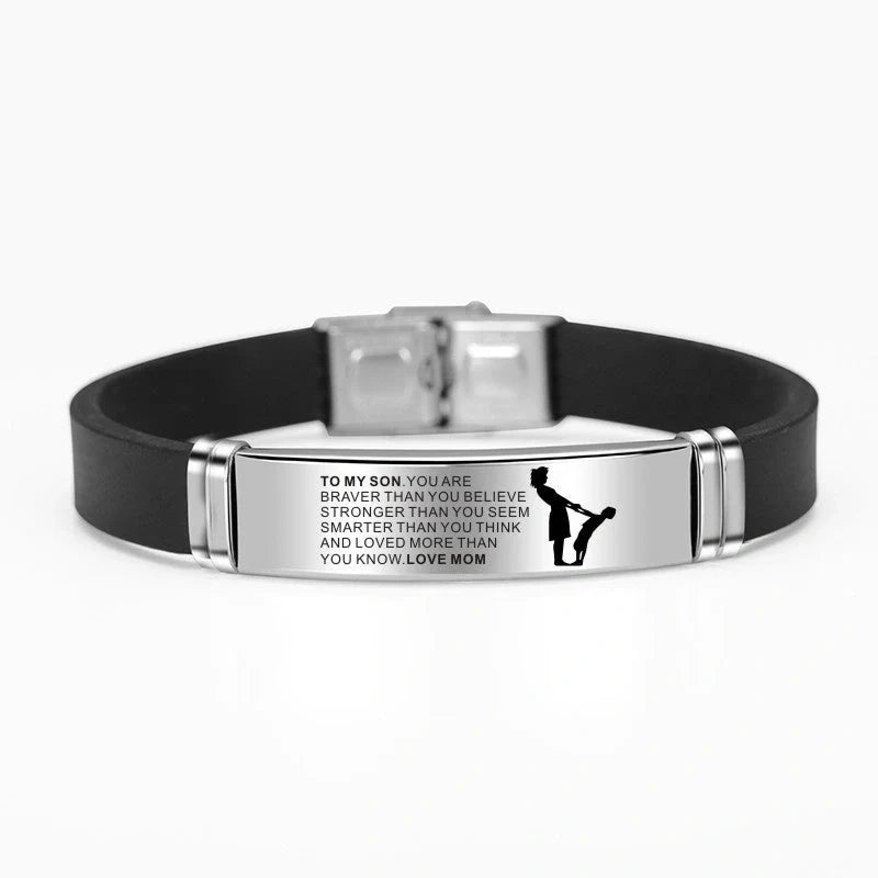 Engraved Mom Dad To Daughter Son Stainless Steel Silicone Bracelet - Silver