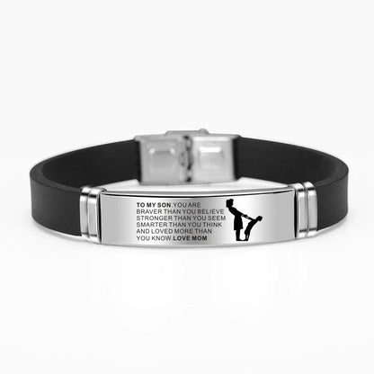 Engraved Mom Dad To Daughter Son Stainless Steel Silicone Bracelet - Silver