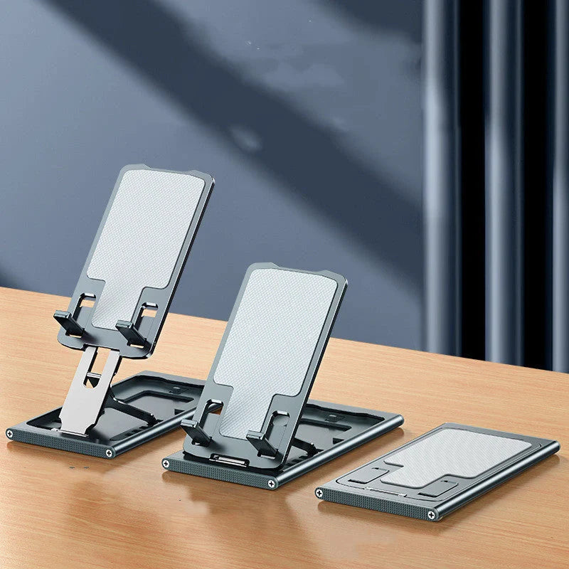 Aluminum alloy mobile phone stand in grey, rose gold, silver, and blue, adjustable and foldable