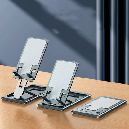 Aluminum alloy mobile phone stand in grey, rose gold, silver, and blue, adjustable and foldable