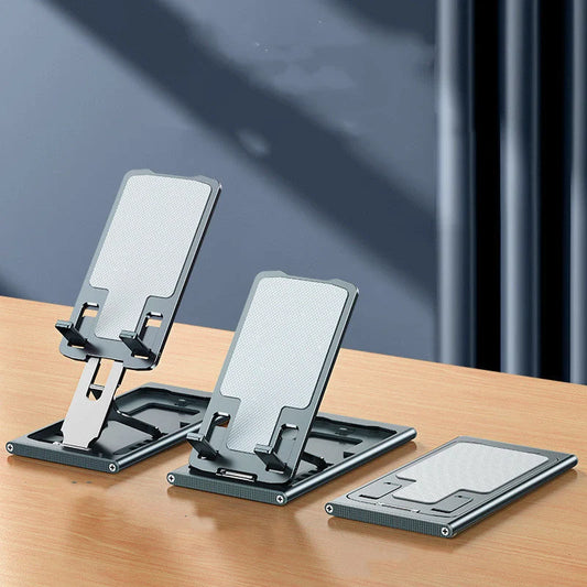 Aluminum alloy mobile phone stand in grey, rose gold, silver, and blue, adjustable and foldable