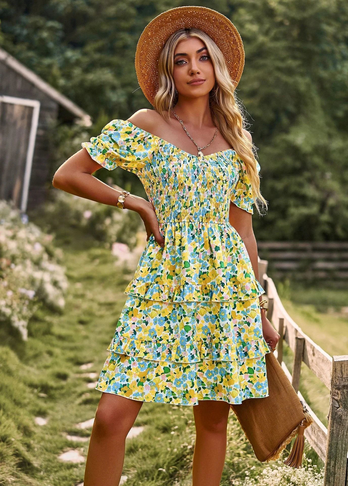 Floral ruffle summer dress with off-shoulder design in vibrant colours