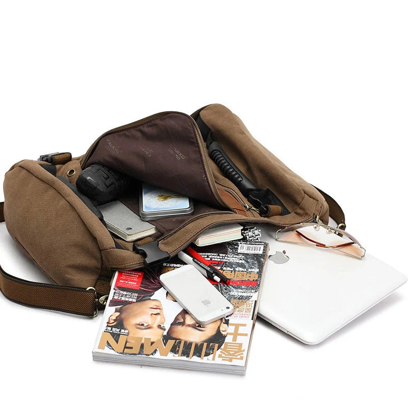 Men's canvas backpack with reinforced handle and multiple pockets