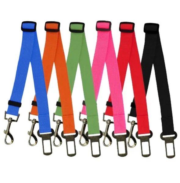 Adjustable dog seatbelt made of durable nylon material with heavy-duty hardware for secure pet travel