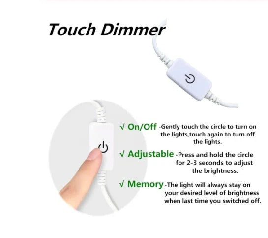 Adjustable LED light bar with touch-sensitive dimming controls for sewing machines, providing customizable lighting for sewing, quilting, and embroidery projects.