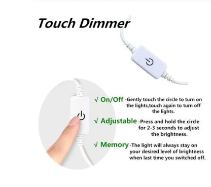 Adjustable LED light bar with touch-sensitive dimming controls for sewing machines, providing customizable lighting for sewing, quilting, and embroidery projects.