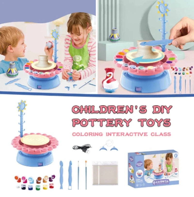 A blue electric pottery wheel kit with various clay and painting accessories for making unique pottery pieces