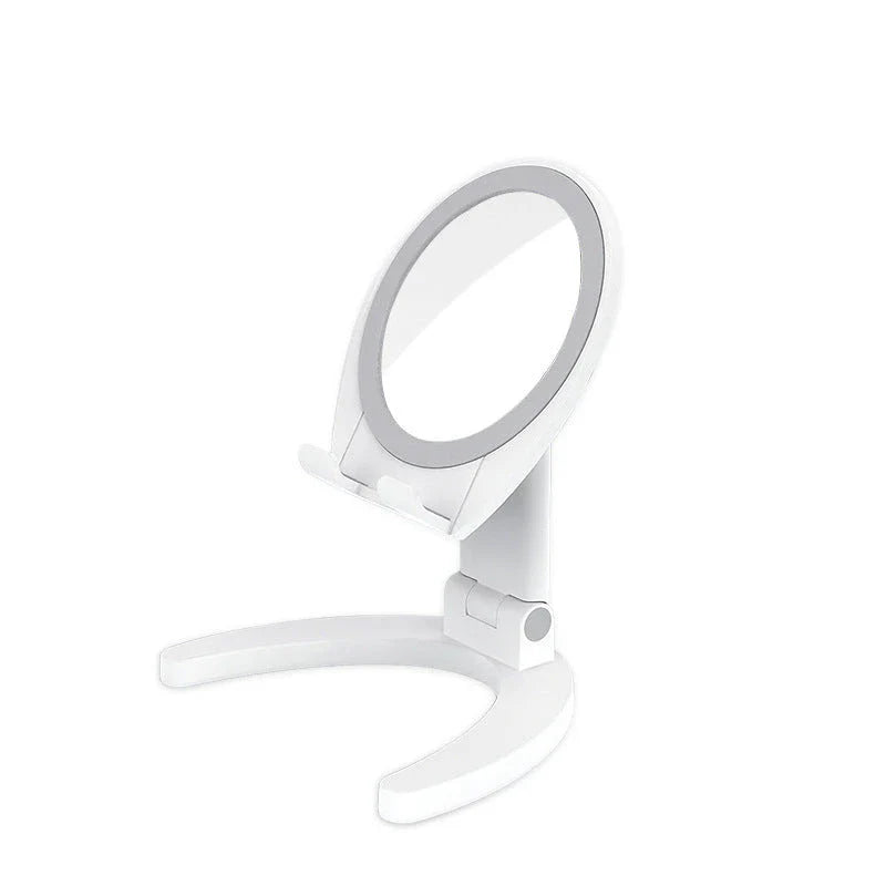 Adjustable makeup mirror phone holder with various angle and color options for hands-free mobile use, grooming, and entertainment.