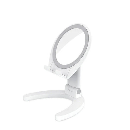 Adjustable makeup mirror phone holder with various angle and color options for hands-free mobile use, grooming, and entertainment.