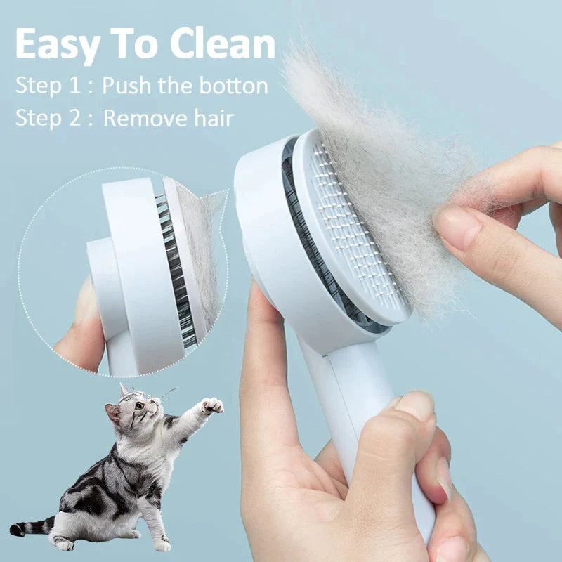 Self-cleaning pet grooming comb with stainless steel needles in blue, pink, and white
