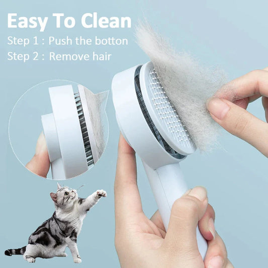 Self-cleaning pet grooming comb with stainless steel needles in blue, pink, and white