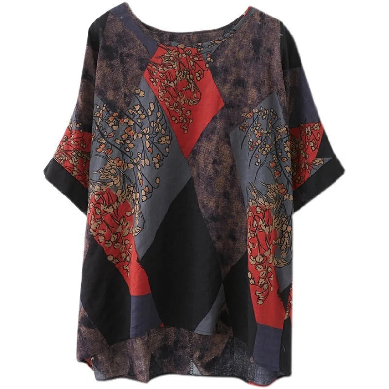Stylish loose fit women's t-shirt in retro print with vibrant colours of yellow, red, and brown