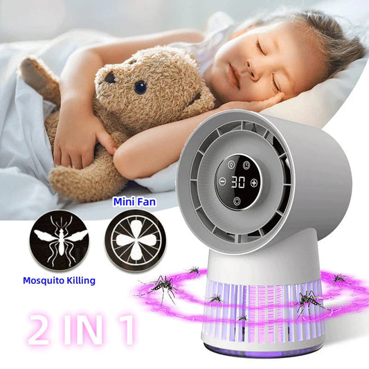 Powerful 2-in-1 desk fan with mosquito-killing suction and 360-degree airflow for versatile cooling and pest control