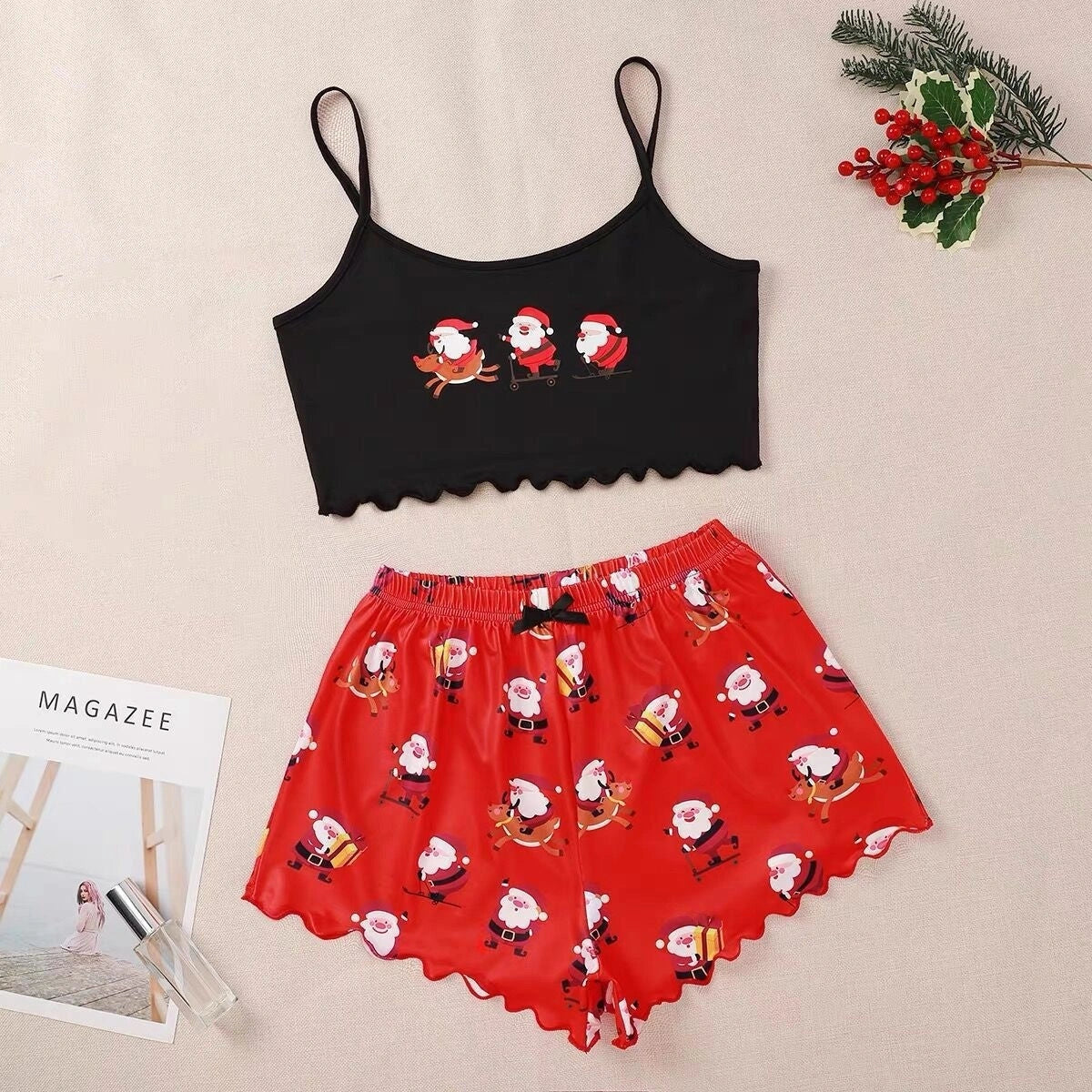 Women's Christmas-themed thin milk silk pajamas set with festive designs