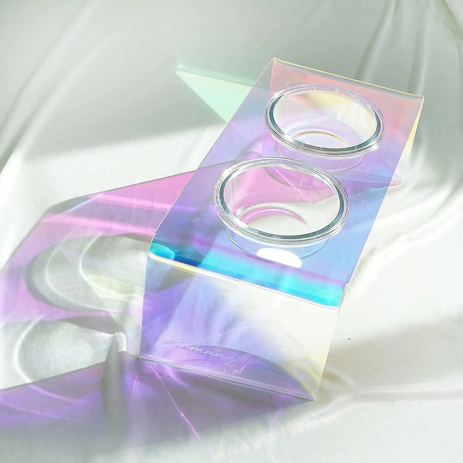 Holographic acrylic pet bowl for small dogs and cats with anti-slip base