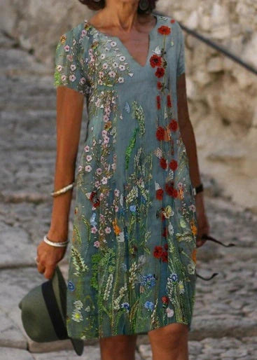Cotton blend printed dress for women in navy blue, blue, and green, perfect for spring commuting