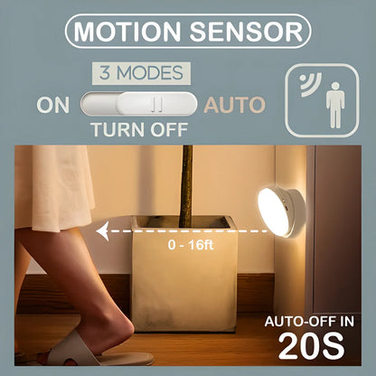 A 360-degree rotating motion-activated LED light with a magnetic base, suitable for installation on any metal surface.
