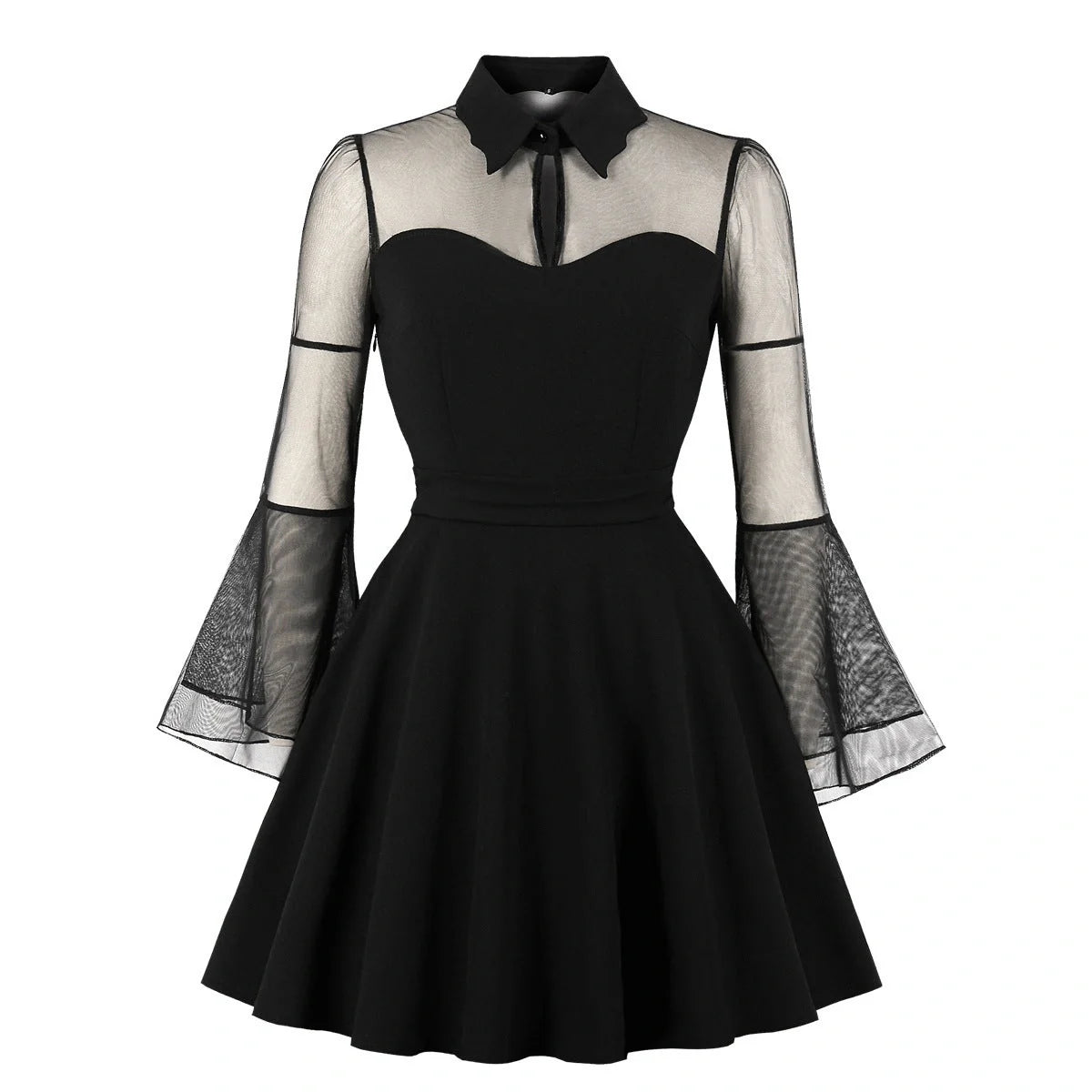 Elegant vintage-inspired dress with big swing skirt, lapel collar, and unique nine-point sleeves
