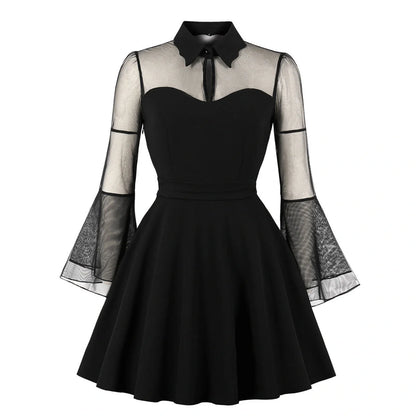 Elegant vintage-inspired dress with big swing skirt, lapel collar, and unique nine-point sleeves