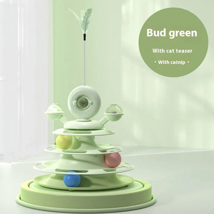 Interactive 4-level cat toy tower with turntable and roller balls in vibrant colours