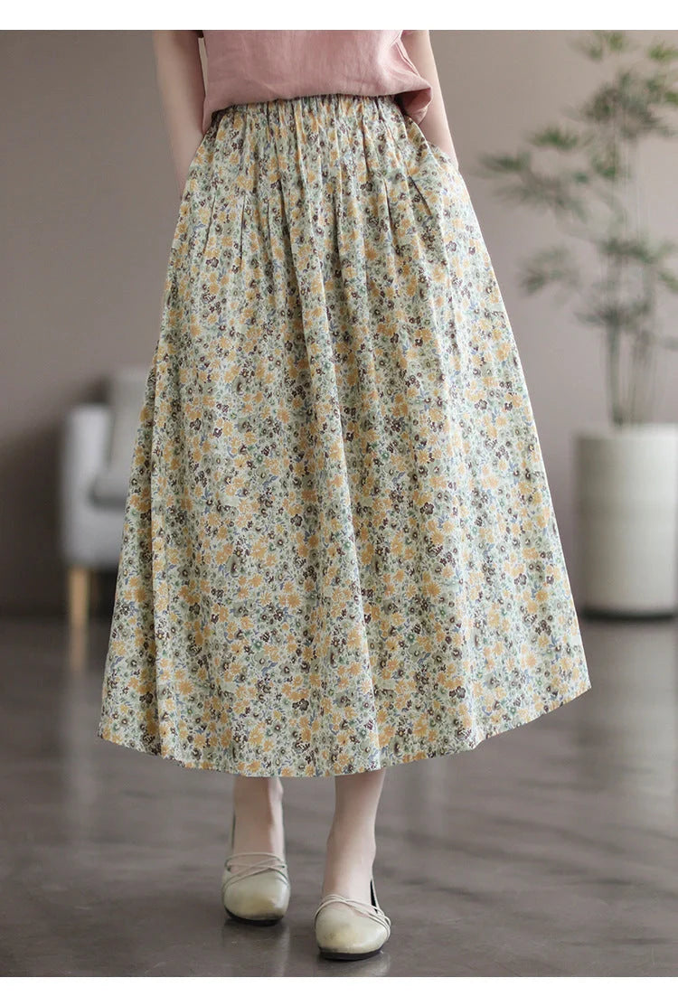 Artistic Floral Washed Cotton Skirt with little yellow and blue flowers, urban leisure style