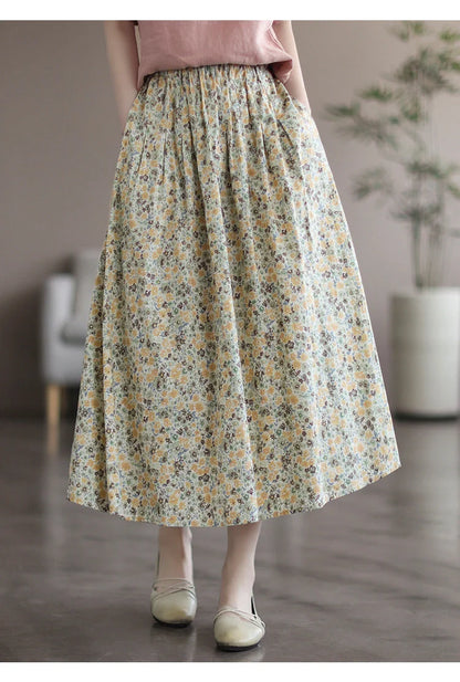Artistic Floral Washed Cotton Skirt with little yellow and blue flowers, urban leisure style