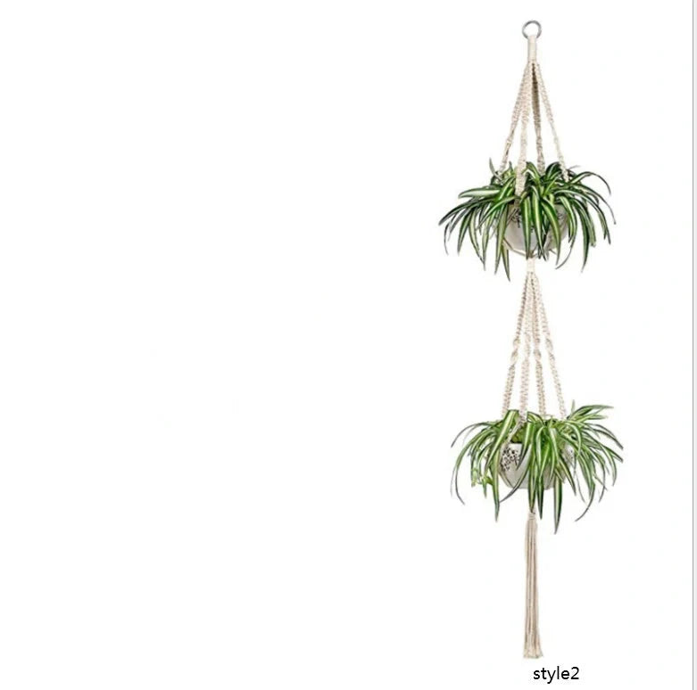 Handmade bohemian macrame hanging plant baskets in a set of four, perfect for home decor.