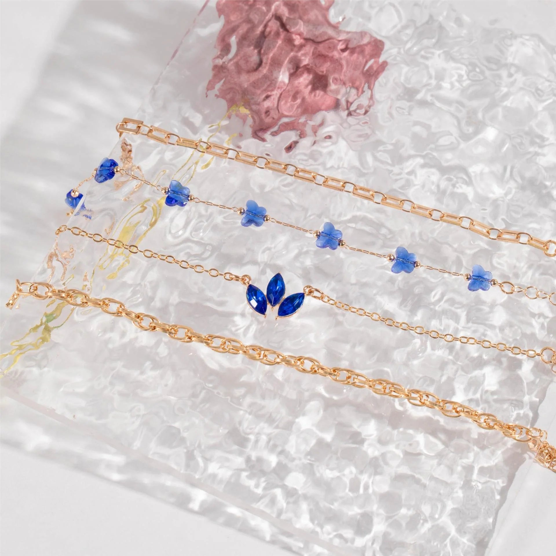 4-piece Blue Flower Love Butterfly Bracelet Set with Rhinestones for Valentines Day