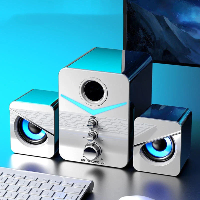 Wireless Bluetooth desktop speaker with vibrant LED lighting, providing rich, room-filling sound and customizable controls for the perfect audio experience.