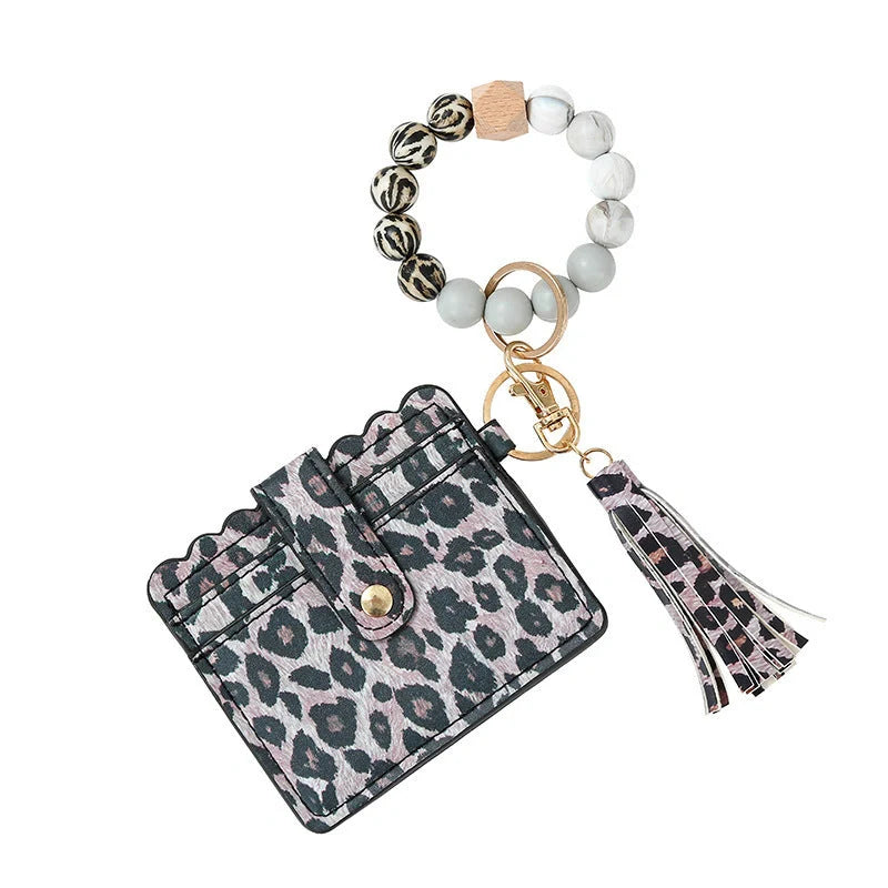 Women's silicone beads and PU tassel bracelet keychain in various colours