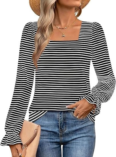 Long-sleeved winter base layer with striped square collar in white, black, and navy blue