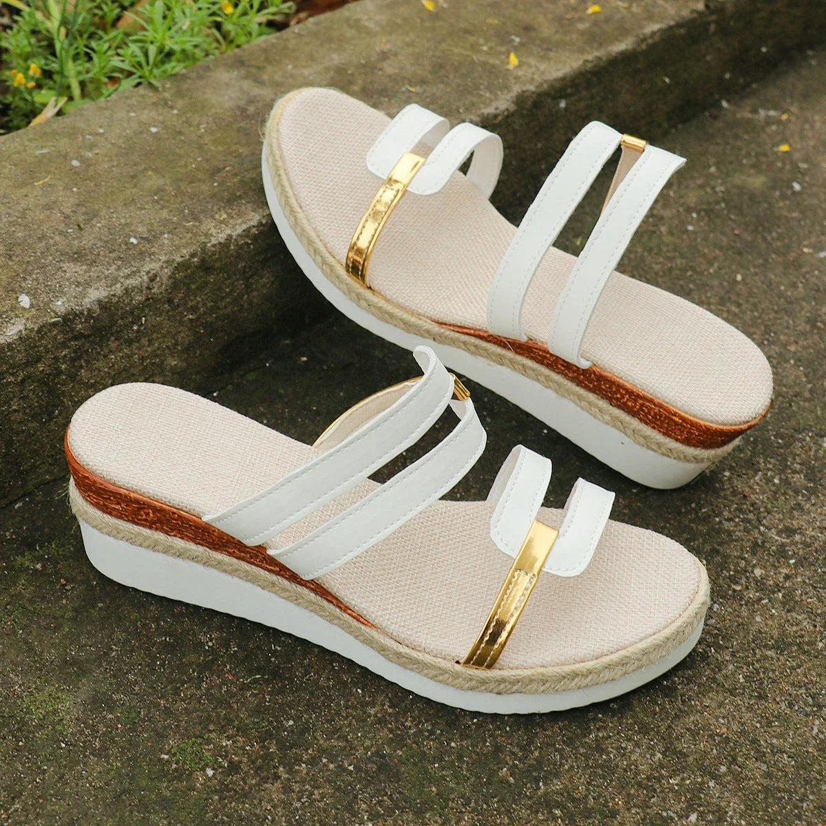 Colorblock wedge sandals with thick hemp sole, round toe, and slide-on style in a variety of vibrant summer colors