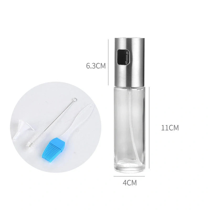 Stainless steel kitchen oil spray bottle with ergonomic button and glass body