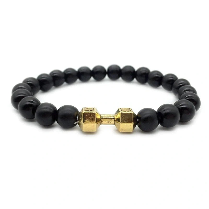 Men's fitness fashion dumbbell bracelet with black and white lava rock and alloy beads