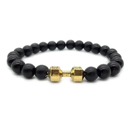 Men's fitness fashion dumbbell bracelet with black and white lava rock and alloy beads