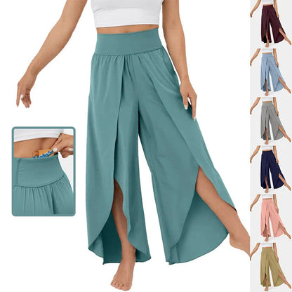 Versatile high-waist split-leg yoga trousers in a variety of colours, featuring a wide-leg silhouette and elasticated waistband for comfort and style.