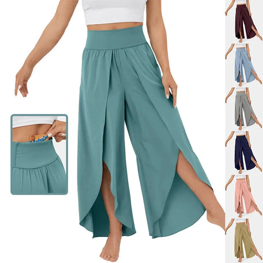 Versatile high-waist split-leg yoga trousers in a variety of colours, featuring a wide-leg silhouette and elasticated waistband for comfort and style.