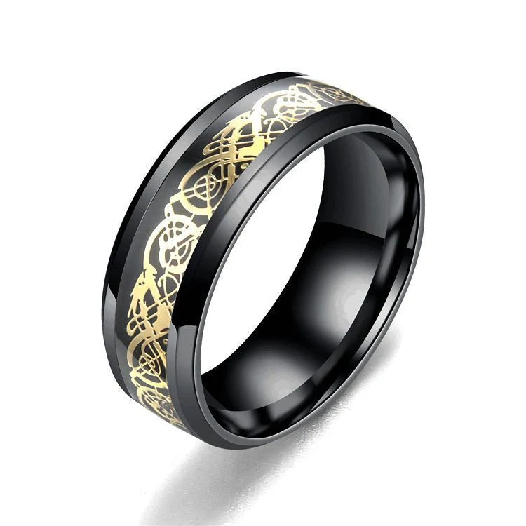 Dragon pattern stainless steel ring in black gold, showcasing intricate design and polished finish.