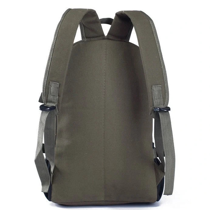 Men's canvas backpack with zippered opening, available in multiple colours including coffee, light khaki, and black.