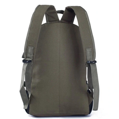 Men's canvas backpack with zippered opening, available in multiple colours including coffee, light khaki, and black.