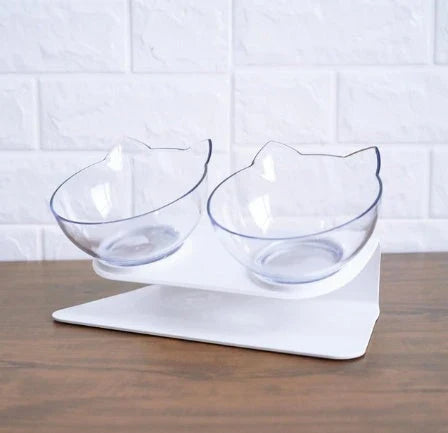 Inclined transparent cat food bowl with a gently sloped base and ergonomic design for whisker-friendly dining