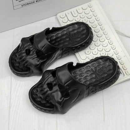 Spooky skull-designed slippers in various colors and sizes for indoor, outdoor, and beach wear