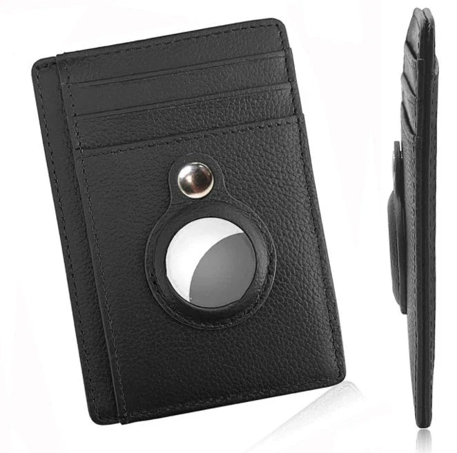 Premium leather wallet with built-in AirTag holder for secure everyday carry and item tracking