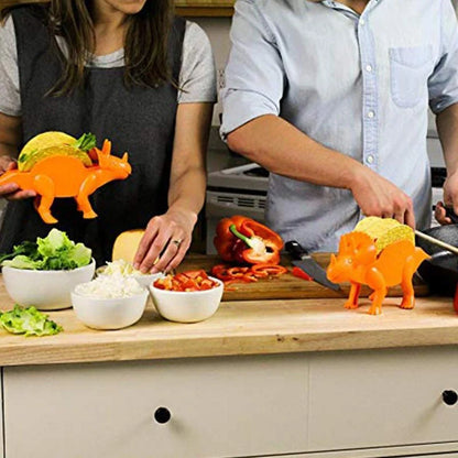 Dinosaur-shaped plastic taco holder in green, pink, or army green