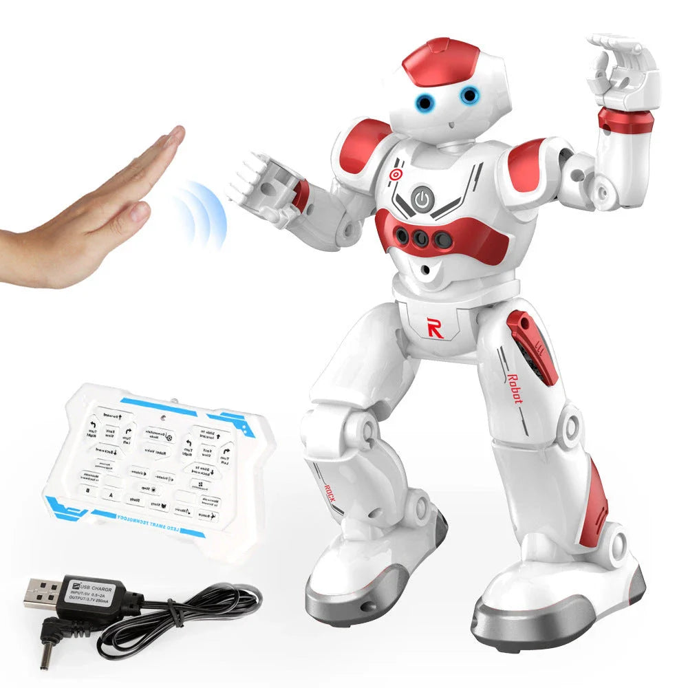 Remote-controlled dancing robot toy with gesture-sensing controls, preprogrammed songs and dances, and customizable programming capabilities