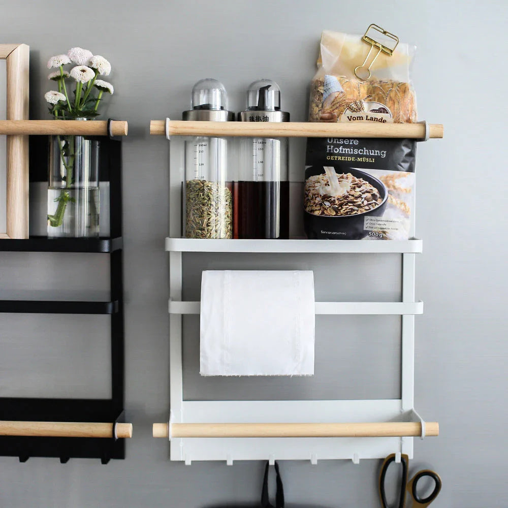 Stylish magnetic refrigerator rack with six storage hooks and wooden crossbar for organising kitchen essentials