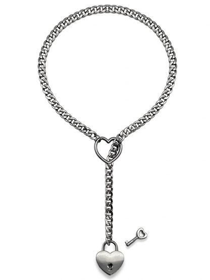 Adjustable Heart Slip Chain Necklace with Key Lock Charm in Black, Silver, and Gold Colours