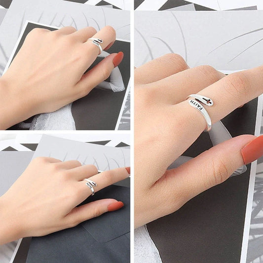 Adjustable Vintage Faith Letters Cross Ring in sterling silver with geometric design